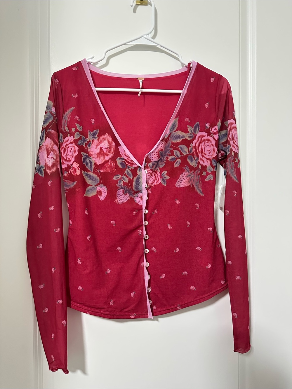 Free People x Revolve Small Top Raspberry Floral Sheer Button Long-Sleeve Top - Picture 5 of 12